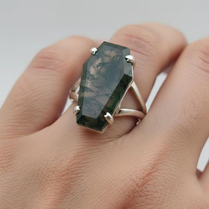 Nueva Llegada Anillo de Ataúd de Plata de Ley 925 Auténtica con Ágata Musgosa para Mujer, Joyería de Moda Bohemia, Joyería para la Ansiedad, Fabricación India - Product Image 6