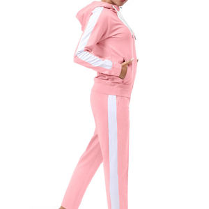 Ensemble de survêtement rose à capuche pour femme, manches longues, couleur unie, tenue décontractée avec poches latérales, fermeture éclair sur le devant, respirant, polyester et coton - Product Image 5