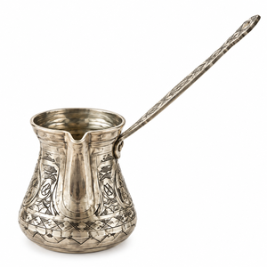 Cafetera Turca Plateada Grabada con Motivo Otomano, Cezve, Ibrik Árabe, Briki Griega, Calentador de Leche para Estufa con Asa Metálica Plana, OEMs - Product Image 1