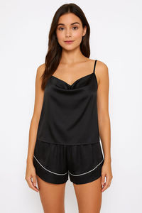 Ensemble de pyjama décontracté en satin pour femme, manches courtes, col en V, imprimé numérique, longueur intégrale, respirant, taille élastique, idéal pour l'été - Product Image 4