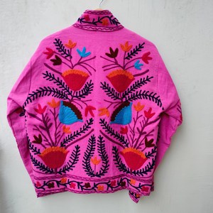 Handcrafted Pink Velvet Suzani Embroidery Woven <b>Quilted</b> Eco-Friendly Jacket Festive Winter Wear Premium Breathable Boho Kimono - Product Image 2