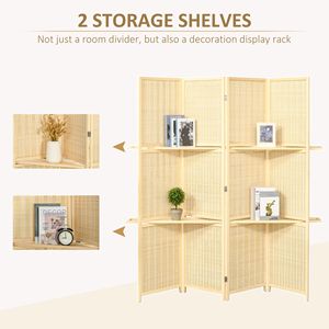 Paravent en bambou artisanal à 4 panneaux, cloison pliante de 6 pieds avec 2 étagères de présentation pour chambre à coucher, bureau, style naturel - Product Image 4