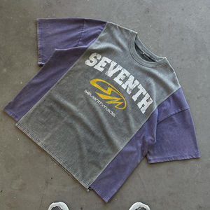 T-shirt personnalisé en coton épais, color-block, coupe carrée, coutures apparentes, style vintage, surdimensionné, délavé à l'acide pour homme - Product Image 1