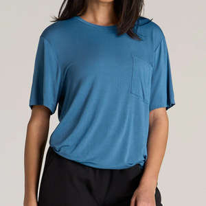 Camiseta Corta Azul para Mujer, con Detalle de Bolsillo, Suave, Transpirable, Ecológica, Informal, para Primavera, Personalizable - Product Image 1