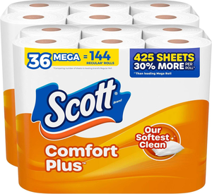 Papel higiénico Scott ComfortPlus, 36 rollos mega (2 paquetes de 18), 425 hojas por rollo, apto para fosas sépticas, papel higiénico de 1 capa - Product Image 1