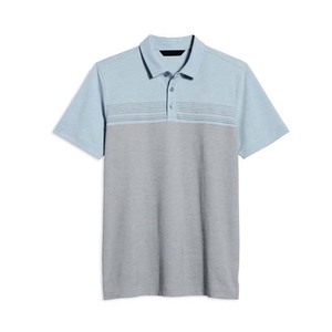 Polo à manches courtes pour homme, bleu clair et gris, à blocs de couleur, en coton piqué respirant, coupe décontractée, design rayé - Product Image 3