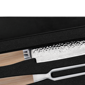 Juego de 2 piezas de cuchillo y tenedor para trinchar, hoja de acero de Damasco martillada con mangos de madera Pakkawood rubia para cortar pavo asado, jamón y carne - Product Image 4