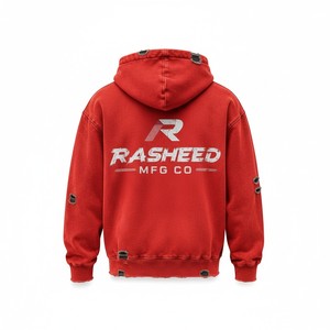 Streetwear Distressed <b>RED</b> Breathable 100% Cotton Heavyweight Oversized Hooded <b>Sweatshirt</b> Streetwear Winter Men <b>Women</b> Loose Fit - Product Image 3