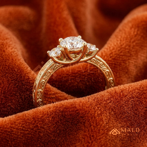 แหวนหมั้นเพชรโมอิสซาไนต์ทรงกลม 14K 18K ทองคำ ประดับเพชรด้านข้างสามเม็ด สไตล์วินเทจ สลักลาย แหวนแต่งงานสำหรับผู้หญิง - Product Image 2