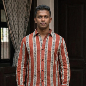 Handcrafted <b>Men</b> Rust Orange Block Printed Cotton Shirt Traditional Rajasthani Inspired <b>Stripes</b> Casual Full <b>Sleeve</b> Button <b>Top</b> - Product Image 1