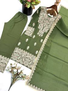 <b>Women</b> Traditional Olive Green Silk Sharara Set With Heavy Embroidery Floor-Length Loose Fit <b>Wedding</b> <b>Dress</b> India Style <b>Suit</b> - Product Image 6