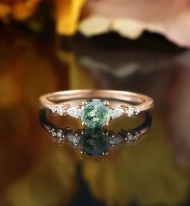 Round Cut <b>Moss</b> <b>Agate</b> Bridal <b>Ring</b> In Silver Timeless Engagement <b>Ring</b> Nature Inspired Vintage Wedding Jewelry Gift For Her - Product Image 1