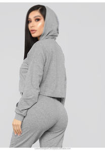 Femmes 100% coton tissu côtelé solide poignets survêtement ensemble haut court à capuche avec bouton décoration vêtements de sport survêtements - Product Image 5