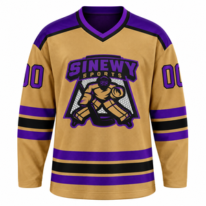 SINEWY SPORTS Jersey de Hockey sobre Hielo Personalizado para Hombre, Cuello Mao, Manga Larga, Color Dorado y Morado, Logotipo Sublimado, Absorbe la Humedad - Product Image 2