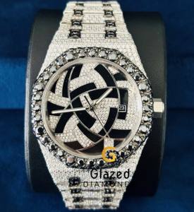 Montre de luxe de haute qualité en acier inoxydable avec cadran géométrique noir et blanc, diamant rond brillant VVS cultivé en laboratoire pour hommes - Product Image 6