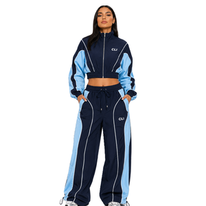 Ensemble de survêtement décontracté pour femme, coupe-vent color block, avec passepoil réfléchissant personnalisé, veste courte et pantalon large, vente en gros, athleisure, ODM - Product Image 1