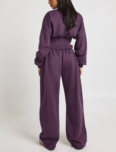 2026 Fashion Custom Workout Fitness Sports 2PCS Set Long Sleeve Fleece <b>Warm</b> Crop <b>Top</b> &Wide Leg Trouser Yoga Running Sweatsuit - Product Image 6