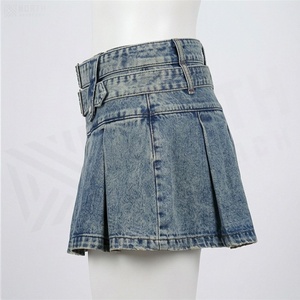 High Waist Denim <b>Mini</b> <b>Skirt</b> Women <b>Pleated</b> Washed Style Adjustable Belted Design All Seasons Wear - Product Image 3