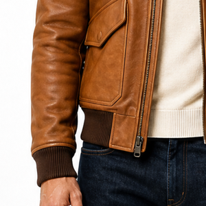 Chaqueta de cuero genuino marrón claro para hombre, de alta calidad y personalizada, con puños acanalados, cinturón, bolsillos con solapa y forro de sherpa. - Product Image 4
