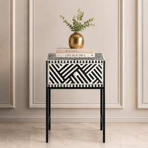Black and White Bone Inlay Nightstand Wooden End Table Accent <b>Side</b> Table with <b>Drawers</b> for Bedroom - Product Image 1