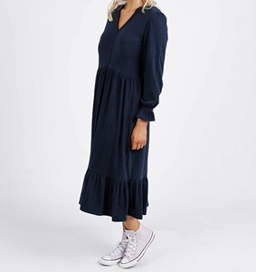 Vestido Midi Casual de Moda con Cuello en V, Mangas hasta el Codo, Puños Elásticos, Silueta en A, Ecológico - Product Image 5