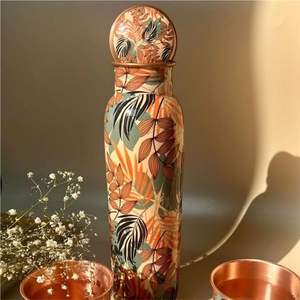 Bouteille d'eau en cuivre pur 1000 ml, imprimé floral, bienfaits ayurvédiques, gourde de yoga, anti-fuite, récipient en cuivre martelé sans joint - Product Image 3