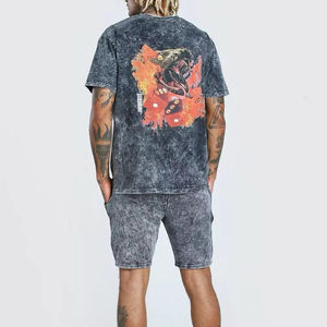 Ensemble d'été homme : T-shirt et short décontracté en coton 100% léger, effet délavé, coupe oversize, avec logo - Product Image 2