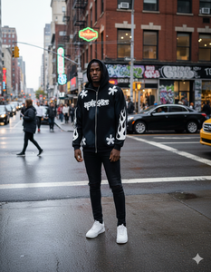 Unisex Streetwear Hooded <b>Zip</b>-<b>Up</b> Sweatshirt Black <b>White</b> Flame Print Oversized Fit French Terry Breathable Autumn Wear - Product Image 6