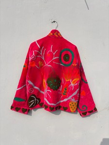 Handmade Pink Velvet <b>Jacket</b> for <b>Women</b> Vibrant Suzani Floral Embroidery and Heart Motifs Traditional Boho Style Winter Coat - Product Image 3