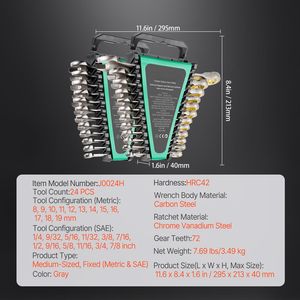 Set di chiavi a cricchetto combinate da 24 pezzi SAE 1/4''-7/8'' e metriche 8 mm in acciaio Cr-V con supporto organizer - Product Image 2