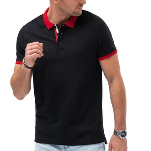 Men's Black Cotton Pique <b>Polo</b> <b>Shirt</b> With <b>Red</b> Collar And Cuffs Short Sleeve Casual Breathable Design - Product Image 4