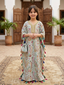 Embroidered Brocade <b>Satin</b> Silk Fabric Floral Pattern for Women Dress Jacket <b>Abaya</b> Kaftan burkha bride & bridal wear kids jacket - Product Image 3