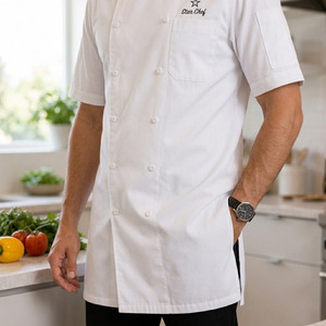 Veste de cuisine professionnelle à manches courtes, coupe classique, respirante, en polyester et coton, pour hôtels et restaurants (vente en gros) - Product Image 3