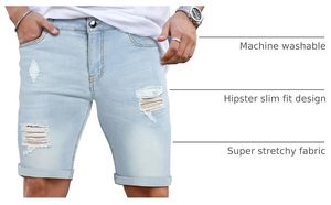 Shorts en jean déchiré bleu clair pour homme, taille mi-haute, style décontracté d'été, en coton vieilli, coupe droite - Product Image 6