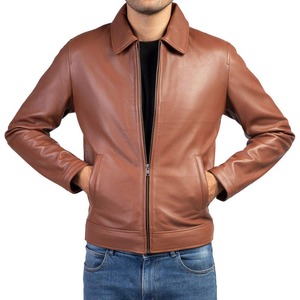 Men's Brown Genuine Leather Luxury Casual Motorcycle <b>Biker</b> <b>Jacket</b> with Stand Collar and Front Logo - Product Image 3