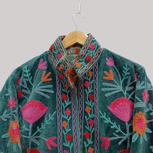 Hand Embroidered <b>Velvet</b> Mandarin Collar <b>Jacket</b> <b>Women</b> Autumn Full Sleeve Floral Pattern Pullover Style Prairie Chic - Product Image 4