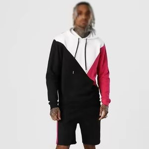 Conjunto de Sudadera con Capucha y Pantalones Deportivos para Hombre, Diseño Color Block, Negro, Rosa y Blanco, Manga Larga, Estilo Urbano, Corte Regular, Cierre con Cordón, Bolsillos Laterales - Product Image 4