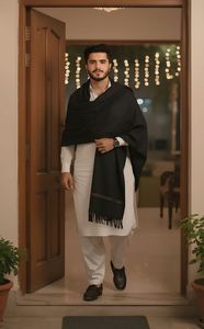 <b>Men</b> Traditional Cotton <b>Kurta</b> Shalwar Kameez With Black Shawl Casual Wear India Pakistan Style Regular Fit Floor Length - Product Image 4