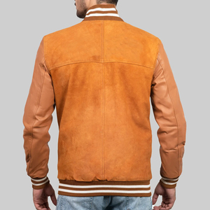 Custom Luxury Brown <b>Suede</b> Varsity <b>Jackets</b> With Leather Sleeve Letterman Embroidered Logo Front Casual Autumn Wear - Product Image 2