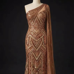 Vestido de Noche con Cuentas Pesadas, Diseño de Concha de Alta Gama, Vestido Formal con Escote Ilusión, Manga Larga, Estilo Sirena para Mujer - Product Image 1