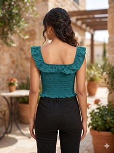 Women's Teal Solid <b>Ruffle</b> <b>Off</b>-<b>Shoulder</b> Sleeveless Blouse Square Neck Rayon Elastic Casual Eco-friendly Woven Crop <b>Top</b> Summer - Product Image 6