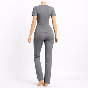 Women Gray Scrub Set Short Sleeve V-Neck Top With Pants Polyester Woven Hospital Uniforms - Product Image 2