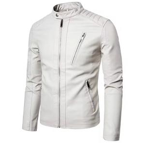 Chaqueta de moto para hombre de piel sintética, corte ajustado, cuello alto, cierre de cremallera, color liso, longitud regular, invierno, logotipo frontal, cortavientos - Product Image 3