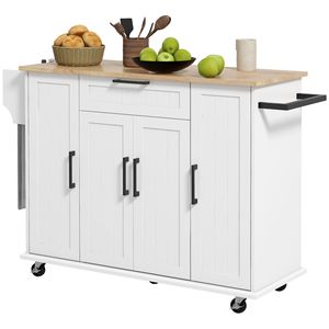 Carrello da Cucina Moderno Bianco con Piano in Legno Naturale, Cassetti Regolabili, Portasciugamani, Mobile Ecologico in Quercia, MDF e Marmo - Product Image 1