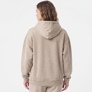 Sudadera con capucha beige oversize con hombros caídos y lavado ácido para mujer, al por mayor, de alta calidad, informal, con cremallera completa - Product Image 4