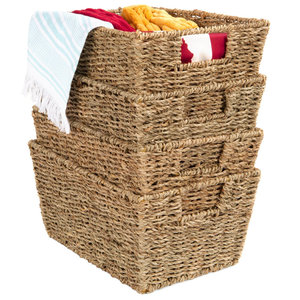 Stackable <b>Seagrass</b> <b>Laundry</b> Organizer Tote <b>Baskets</b> with Insert Handles Multipurpose Handwoven Design - Product Image 1
