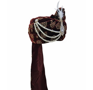 Turbante de Terciopelo Marrón Hecho a Mano al por Mayor para Novio, Pagri de Boda India con Perlas, Kalangi, Tocado Real Rajasthani para Ceremonia de Boda - Product Image 1