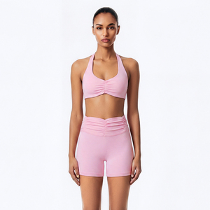 Pink Halter Neck Quarter-Zip Yoga Set High Waist Shorts Crop <b>Top</b> Spandex <b>Zipper</b> Closure Quick Dry Seamless 2-Piece - Product Image 1