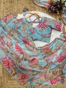 Sari en soie Tebby imprimé numériquement avec broderie, travail miroir, bordure en dentelle et chemisier imprimé pour les occasions de mariage et de fête - Product Image 3