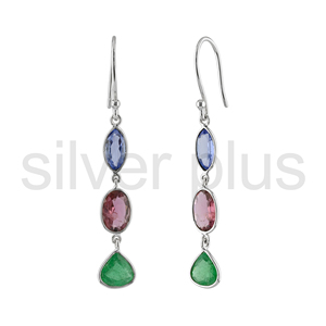14K Gold Plated Tanzanite Tourmaline Emerald Triple Drop Dangle Earrings Minimalist Style Natural Gemstones for Women Wedding - Product Image 3